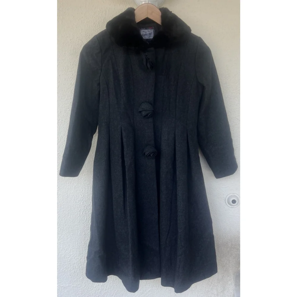 Rothschild Girls 10 Gray Fit & Flare Rose Coat Faux Fur Collar Thick Winter Warm